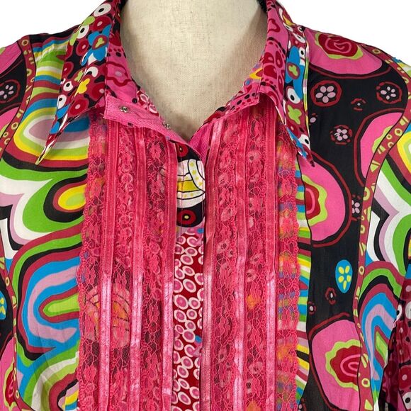 Violet & Claire X-Large Top Snap Front 3/4 Sleeve Boho Lace Geometric Pink Multi - Picture 2 of 9